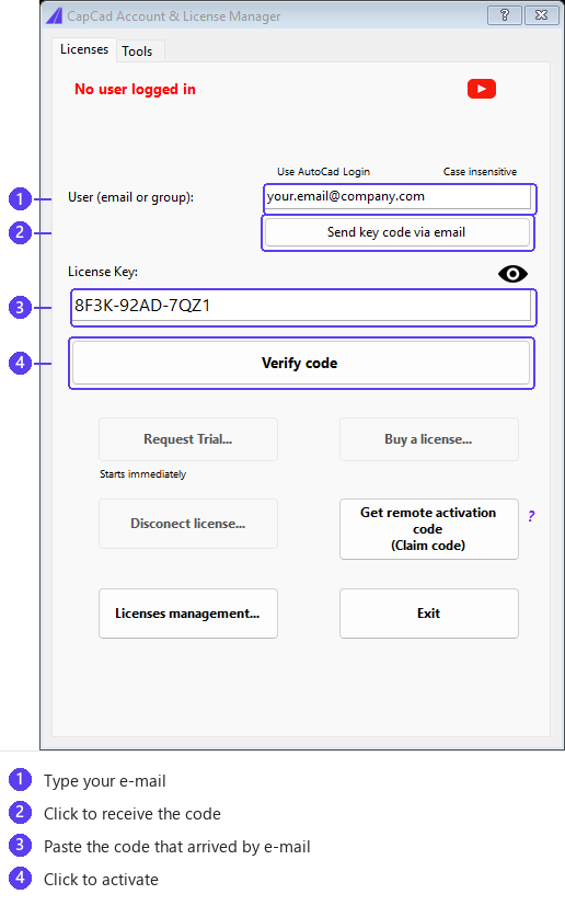 Activating CapCad: type your e-mail, request the code, paste it, verify