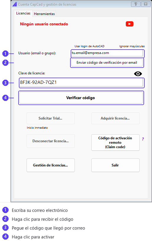 Activar CapCad: escriba su correo, pida el código, péguelo y verifique