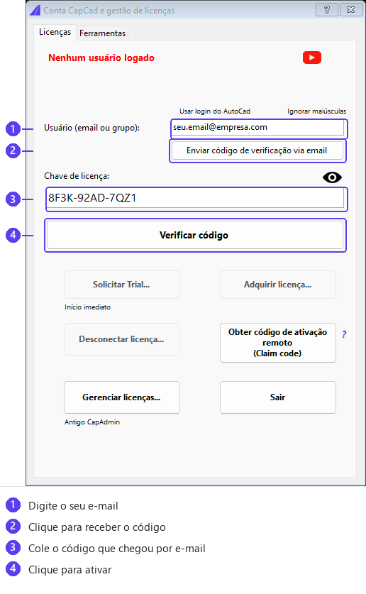 Ativar o CapCad: digite o e-mail, peça o código, cole e verifique