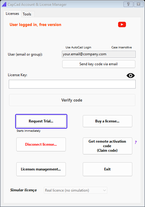 The license manager, with the Request Trial button highlighted