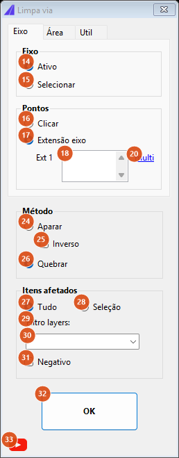 Limpa via, aba Eixo, modo Quebrar