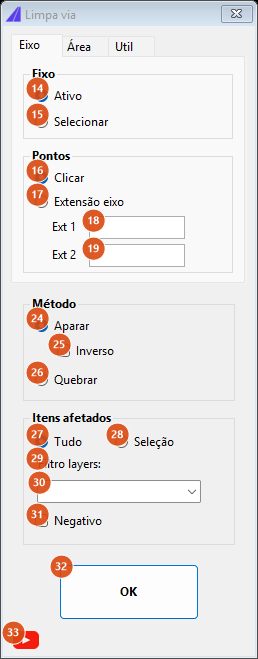 Limpa via, aba Eixo, modo Aparar