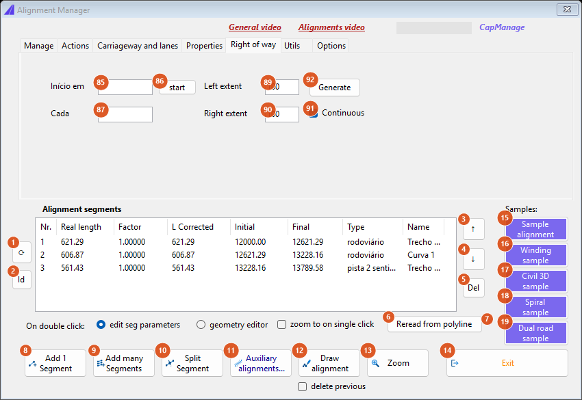 Alignment Manager, Right of way tab, Continuous
