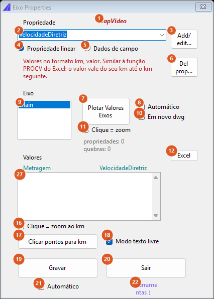 Propriedades do eixo, modo texto livre