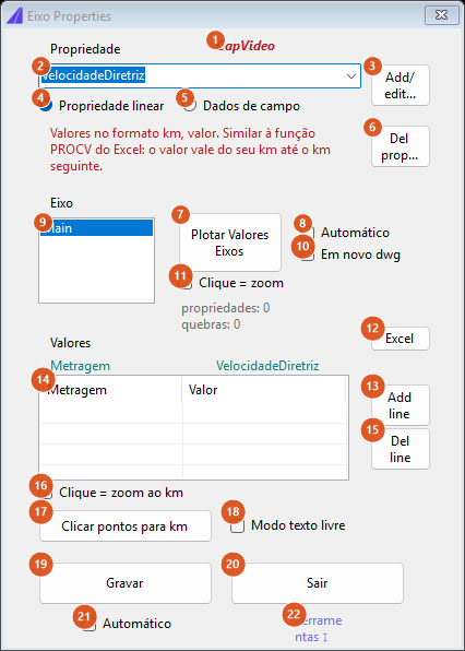 Propriedades do eixo, formulário principal