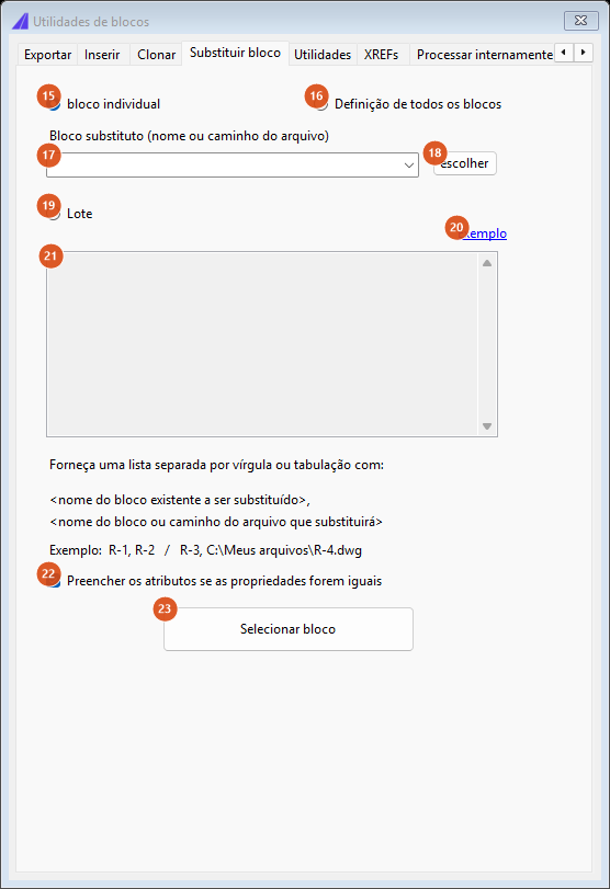 Utilidades de blocos, aba Substituir bloco