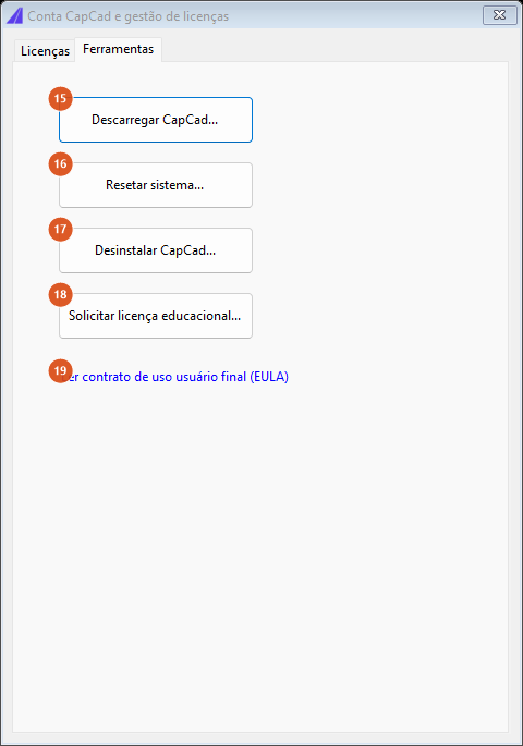 Conta CapCad, aba Ferramentas