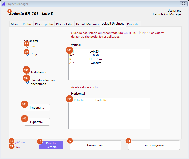 Gerenciador de Projeto, aba Default Diretrizes