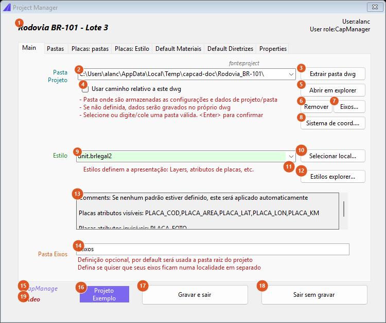 Gerenciador de Projeto, aba Main