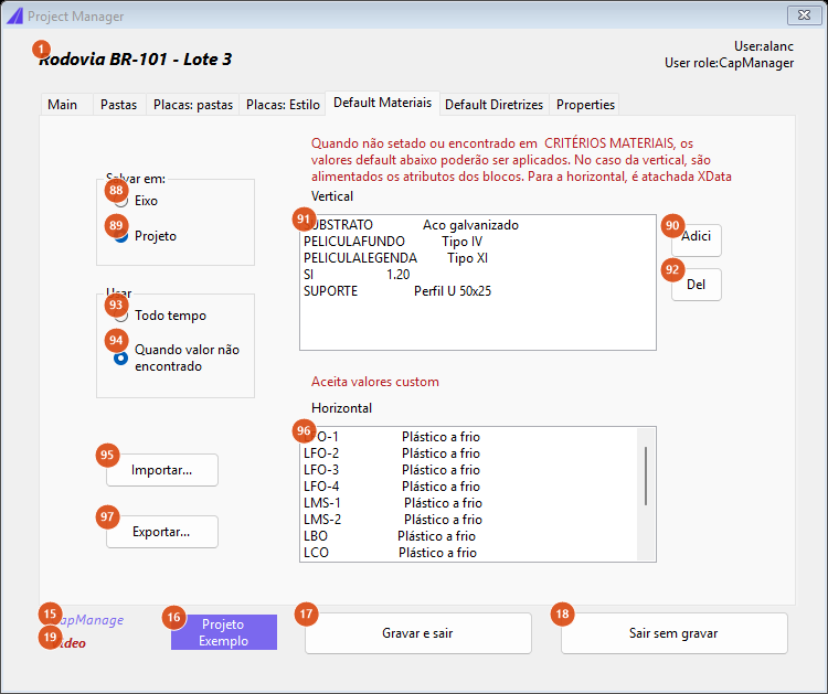 Gerenciador de Projeto, aba Default Materiais