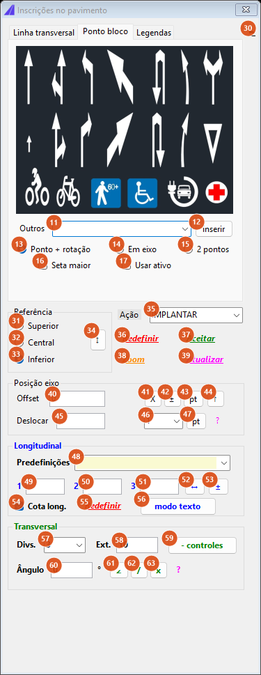 Inscrições no pavimento, aba Ponto bloco