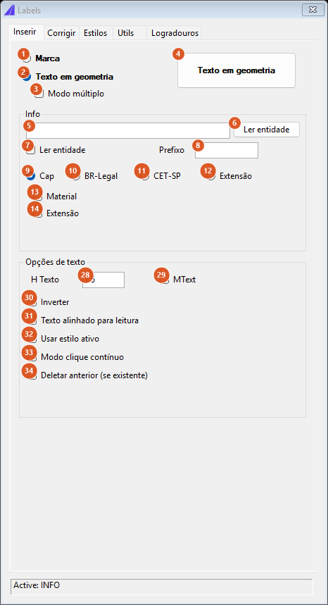 Aba Inserir, modo Texto em geometria