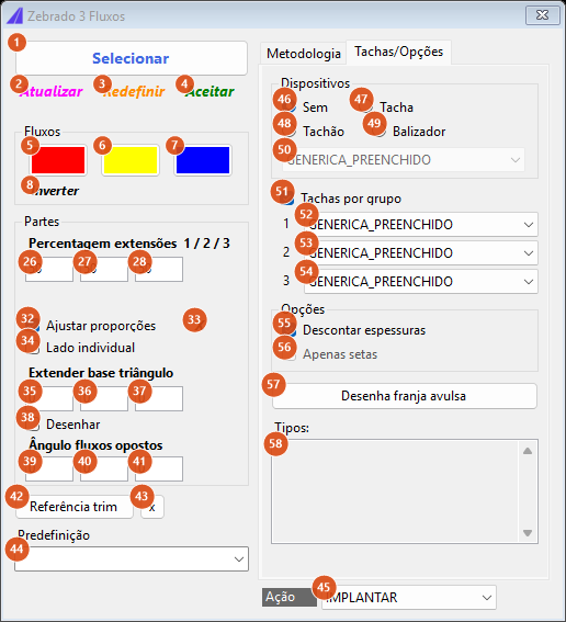 Zebrado 3 fluxos, aba Tachas/Opções