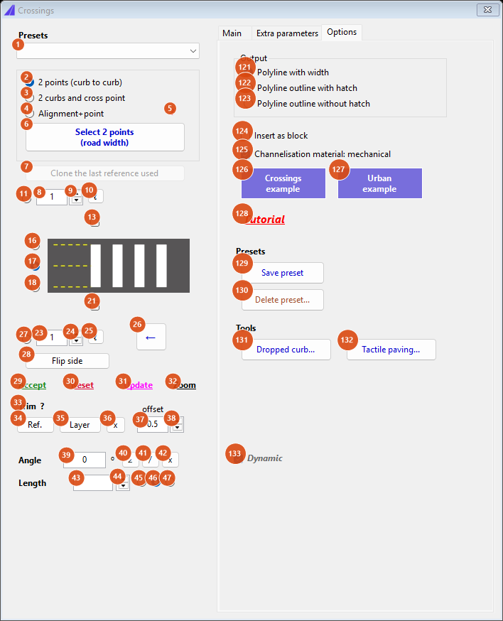 Crossings, Options tab