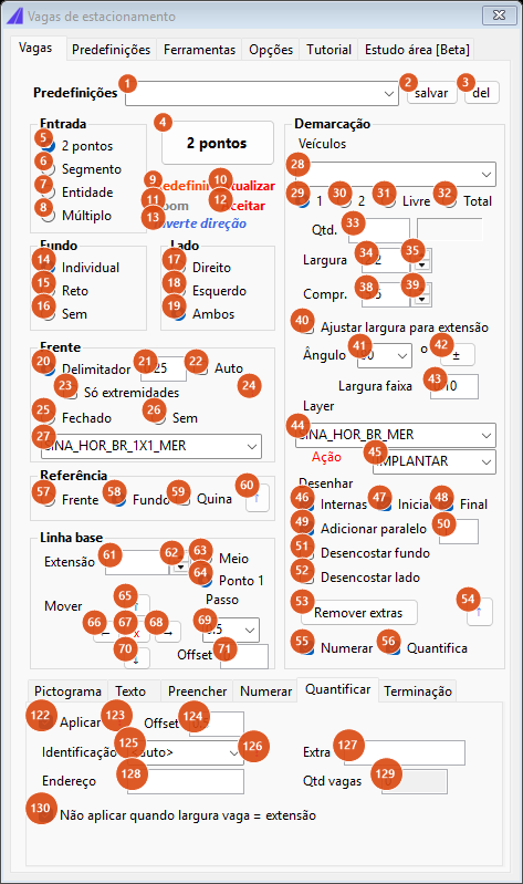 Vagas de estacionamento, aba interna Quantificar