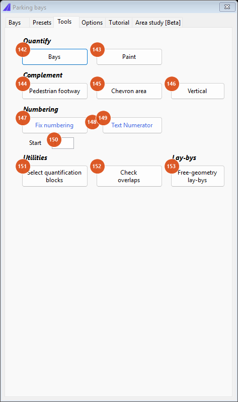 Parking bays, Tools tab