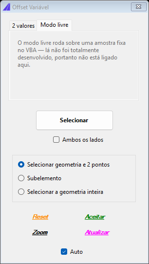 Offset Variável, aba Modo livre