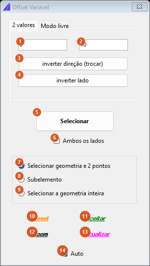 Offset Variável, aba 2 valores