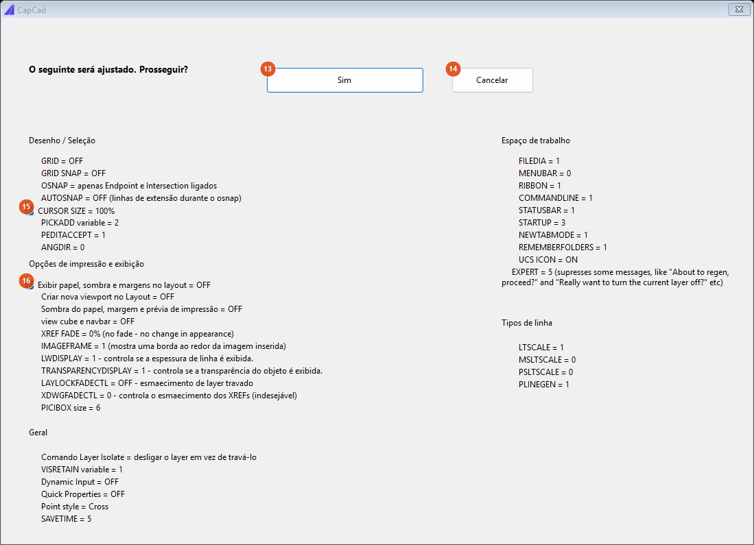 Configuração CAD sugerida