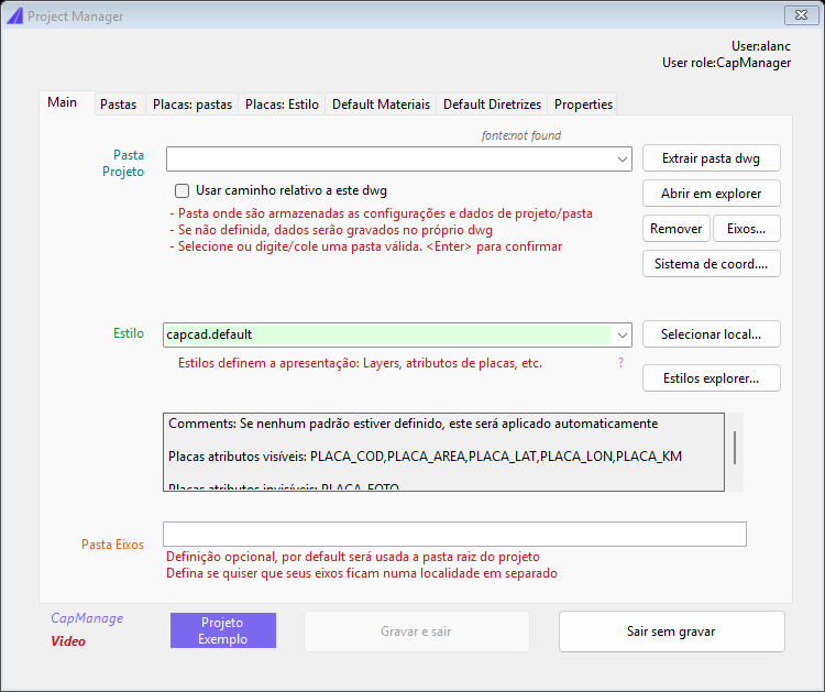 Gerenciador de Projeto, aba Main