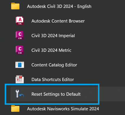 Reset Settings to Default no menu Iniciar