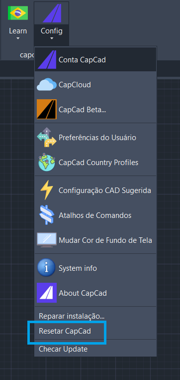 Comando de reset do sistema CapCad