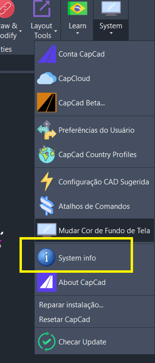 Comando de informações do sistema