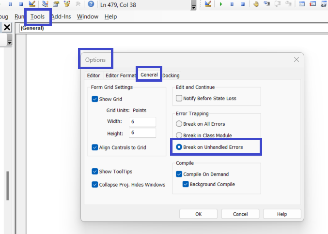 Opções de tratamento de erro do VBA Editor