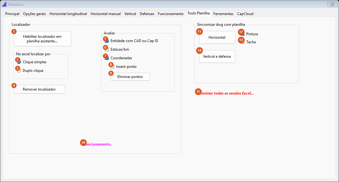 Relatórios, aba Tools Planilha