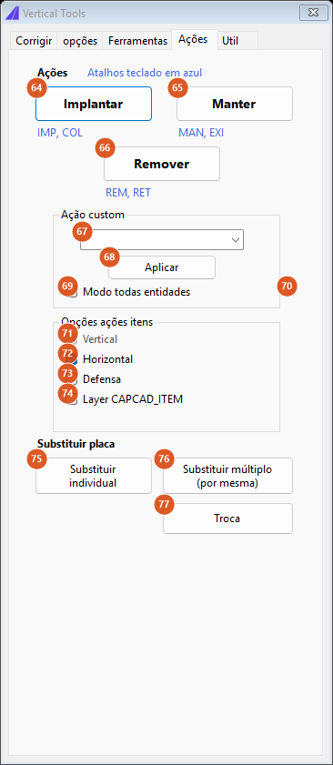 Corrige Vertical, aba Ações