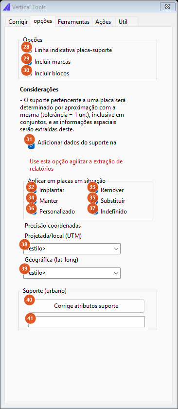 Corrige Vertical, aba opções