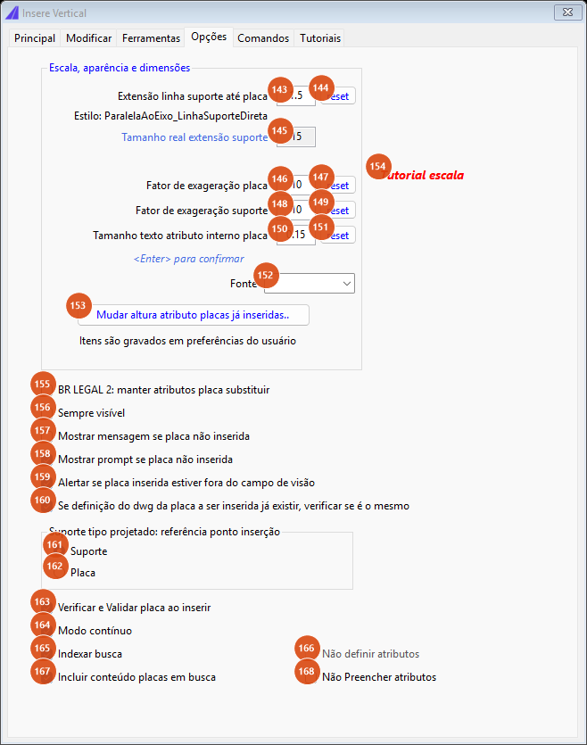 Insere Vertical, aba Opções